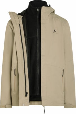 Beige Jacke mit schwarzer Fleece-Innenjacke und Kapuze. Beige Jacke mit schwarzer Fleece-Innenjacke und Kapuze.