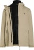 Beige Jacke mit schwarzer Fleece-Innenjacke und Kapuze.