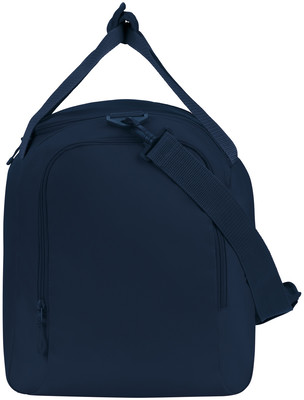 Eine dunkelblaue Tasche mit einem Schultergurt und einem Tragegriff.