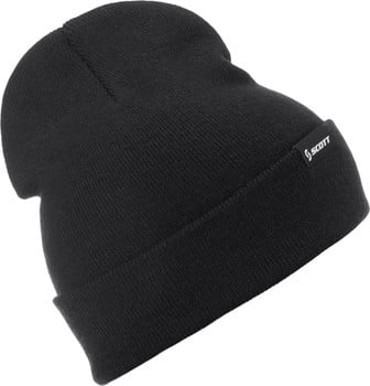 Schwarze Strickmütze mit Scott-Logo auf dem Etikett.