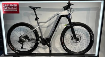 Silbernes Flyer E-Bike mit schwarzen Details auf einem Ständer.