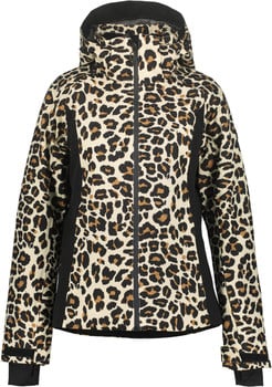 Jacke mit Leopardenmuster und schwarzen Seitenteilen, mit Kapuze und Reißverschluss.