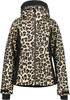 Jacke mit Leopardenmuster und schwarzen Seitenteilen, mit Kapuze und Reißverschluss.