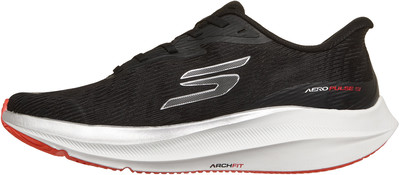 Schwarzer Skechers Laufschuh mit weißer Sohle und roten Akzenten. Schwarzer Skechers Laufschuh mit weißer Sohle und roten Akzenten.