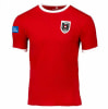 Rotes Fußballtrikot mit weißem Kragen und österreichischem Logo.