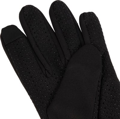 Schwarze Handschuhe mit rutschfester Oberfläche an Fingern und Handfläche.