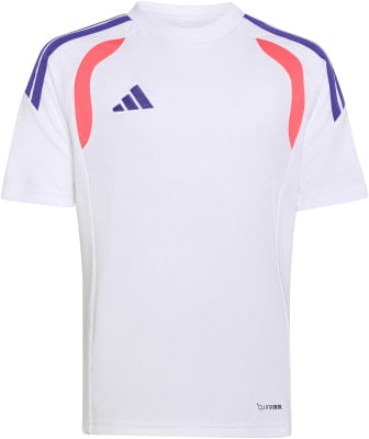 Weißes Adidas T-Shirt mit violetten und pinken Akzenten und Adidas Logo. Weißes Adidas T-Shirt mit violetten und pinken Akzenten und Adidas Logo.