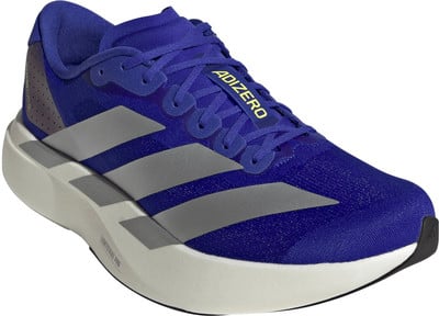 Blauer Adidas Laufschuh mit weißer Sohle und grauen Streifen. Blauer Adidas Laufschuh mit weißer Sohle und grauen Streifen.