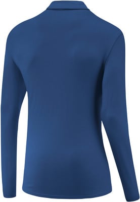 Rückansicht eines dunkelblauen Damen-Langarmshirts mit Kragen. Rückansicht eines dunkelblauen Damen-Langarmshirts mit Kragen.