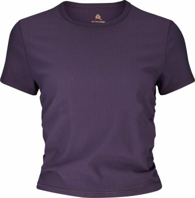 Damen-Lila-T-Shirt mit kurzen Ärmeln und feiner Rippung.