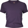 Damen-Lila-T-Shirt mit kurzen Ärmeln und feiner Rippung.