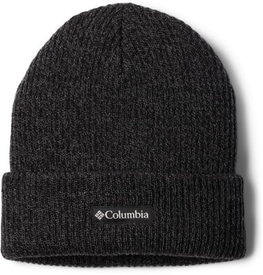 Eine schwarze Columbia-Strickmütze mit Markenlogo auf der Vorderseite. Eine schwarze Columbia-Strickmütze mit Markenlogo auf der Vorderseite.