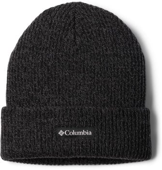Eine schwarze Columbia-Strickmütze mit Markenlogo auf der Vorderseite.