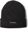 Eine schwarze Columbia-Strickmütze mit Markenlogo auf der Vorderseite.