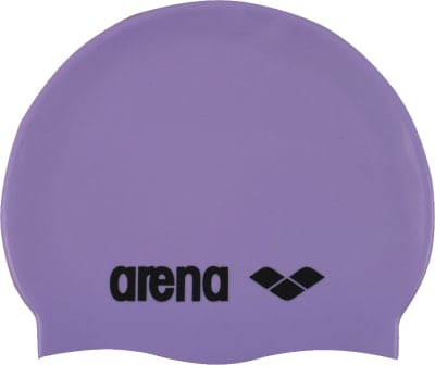 Eine lila Arena-Badekappe mit Logo. Eine lila Arena-Badekappe mit Logo.