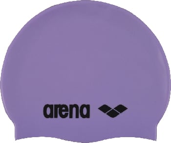 Eine lila Arena-Badekappe mit Logo.