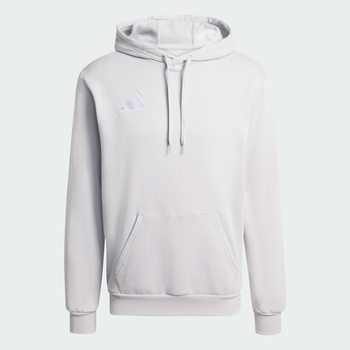 Grauer Hoodie mit Kapuze und Adidas-Logo auf der linken Brust.
