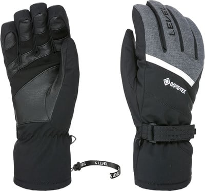 Zwei schwarze Skihandschuhe mit Lederelementen und Gore-Tex-Logo.