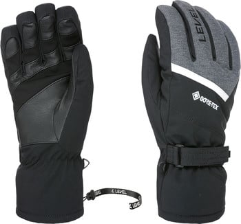 Zwei schwarze Skihandschuhe mit Lederelementen und Gore-Tex-Logo.