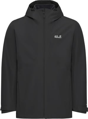 Schwarze Herrenjacke von Jack Wolfskin mit Kapuze und Logo auf der Brust. Schwarze Herrenjacke von Jack Wolfskin mit Kapuze und Logo auf der Brust.