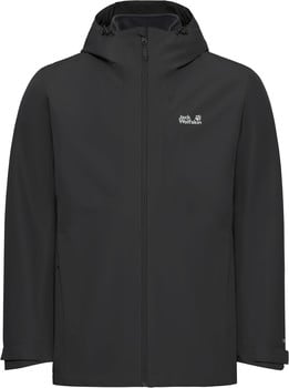 Schwarze Herrenjacke von Jack Wolfskin mit Kapuze und Logo auf der Brust.