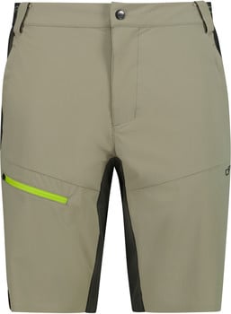 Kurze beige Shorts mit dunklen Seitenpaneelen und reflektierendem Reißverschluss.