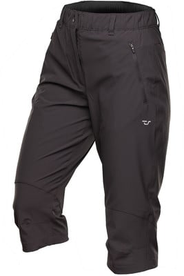 Dunkelgraue 3/4 Damen-Hose mit Reißverschlusstaschen und Logo.