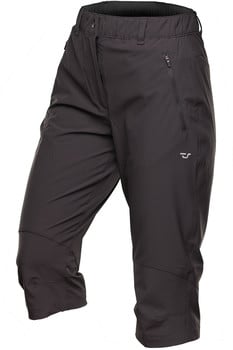 Dunkelgraue 3/4 Damen-Hose mit Reißverschlusstaschen und Logo.
