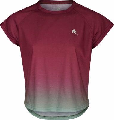 Damen-T-Shirt mit Ombre-Effekt in Weinrot und Hellgrün.