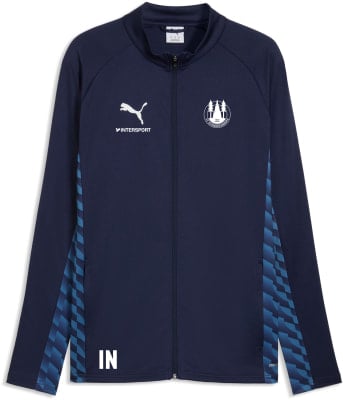 Dunkelblaue Puma-Jacke mit Logo und blauem Streifen an den Ärmeln.