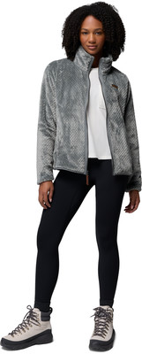 Damen-Fleecejacke in Grau mit Stehkragen und schwarzen Leggings.