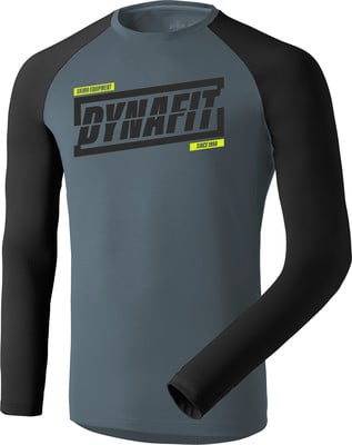 Graues Langarmshirt mit schwarzen Ärmeln und Dynafit-Logo. Graues Langarmshirt mit schwarzen Ärmeln und Dynafit-Logo.