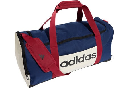 Dunkelblaue Adidas Sporttasche mit roten Trägern und weißem Logo. Dunkelblaue Adidas Sporttasche mit roten Trägern und weißem Logo.