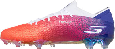 Fußballschuh von Skechers mit Farbverlauf von Orange zu Blau. Fußballschuh von Skechers mit Farbverlauf von Orange zu Blau.