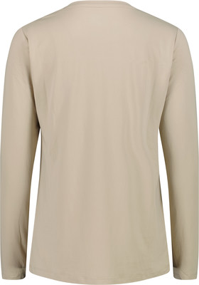 Rückansicht eines beigen Langarmshirts, gerader Schnitt. Rückansicht eines beigen Langarmshirts, gerader Schnitt.