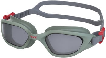 Graue Schwimmbrille der Marke SEAC mit roten Details und verstellbarem Riemen.