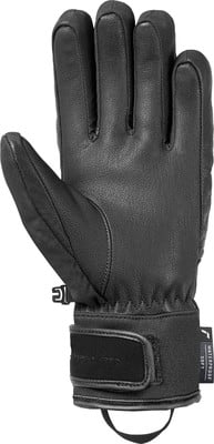 Schwarze Lederhandschuhe mit verstellbarem Handgelenkband und wasserdichter Ausrüstung. Schwarze Lederhandschuhe mit verstellbarem Handgelenkband und wasserdichter Ausrüstung.
