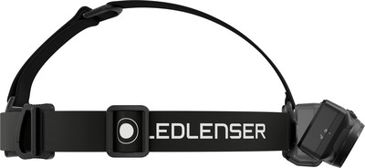 Schwarze LEDLENSER Stirnlampe mit verstellbarem Gurt und schwenkbarem Lampenkopf. Schwarze LEDLENSER Stirnlampe mit verstellbarem Gurt und schwenkbarem Lampenkopf.