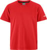 Rotes T-Shirt mit kurzen Ärmeln und Markenlogo auf dem Ärmel.