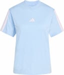Hellblaues Adidas-T-Shirt mit rosa Logo und Ärmelstreifen.