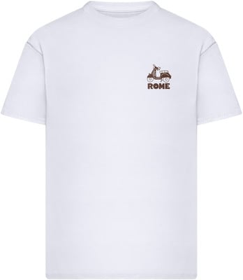 Weißes T-Shirt mit braunem Aufdruck eines Rollers und der Aufschrift ROME. Weißes T-Shirt mit braunem Aufdruck eines Rollers und der Aufschrift ROME.