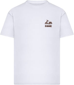 Weißes T-Shirt mit braunem Aufdruck eines Rollers und der Aufschrift ROME.