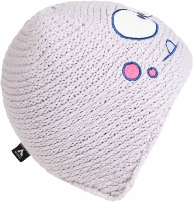 Eine hellviolette Strickmütze mit Comic-Gesicht und McKinley-Logo. Eine hellviolette Strickmütze mit Comic-Gesicht und McKinley-Logo.
