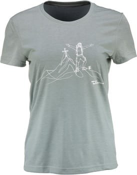 Damen-T-Shirt in Hellgrau mit einem Bergsteiger-Motiv auf einem Berggipfel.