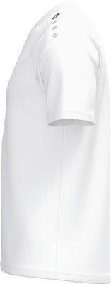 Weißes T-Shirt mit kurzen Ärmeln und Logo auf der Schulter. Weißes T-Shirt mit kurzen Ärmeln und Logo auf der Schulter.