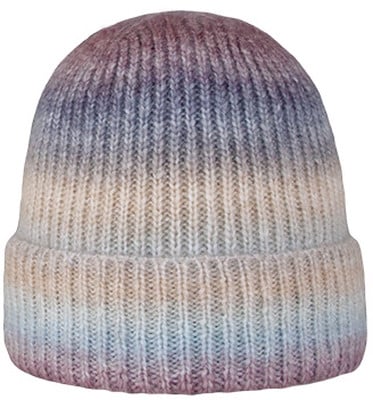 Gestrickte Mütze mit Farbverlauf in Lila-, Blau- und Beigetönen. Gestrickte Mütze mit Farbverlauf in Lila-, Blau- und Beigetönen.