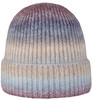 Gestrickte Mütze mit Farbverlauf in Lila-, Blau- und Beigetönen.