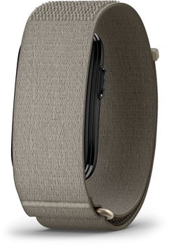 Graues Stoffarmband für eine Smartwatch mit schwarzem Gehäuse.