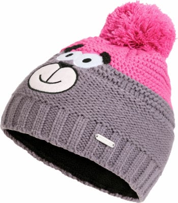 Graue Strickmütze mit rosa Bär-Applikation und Bommel. Graue Strickmütze mit rosa Bär-Applikation und Bommel.