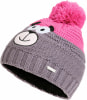 Graue Strickmütze mit rosa Bär-Applikation und Bommel.